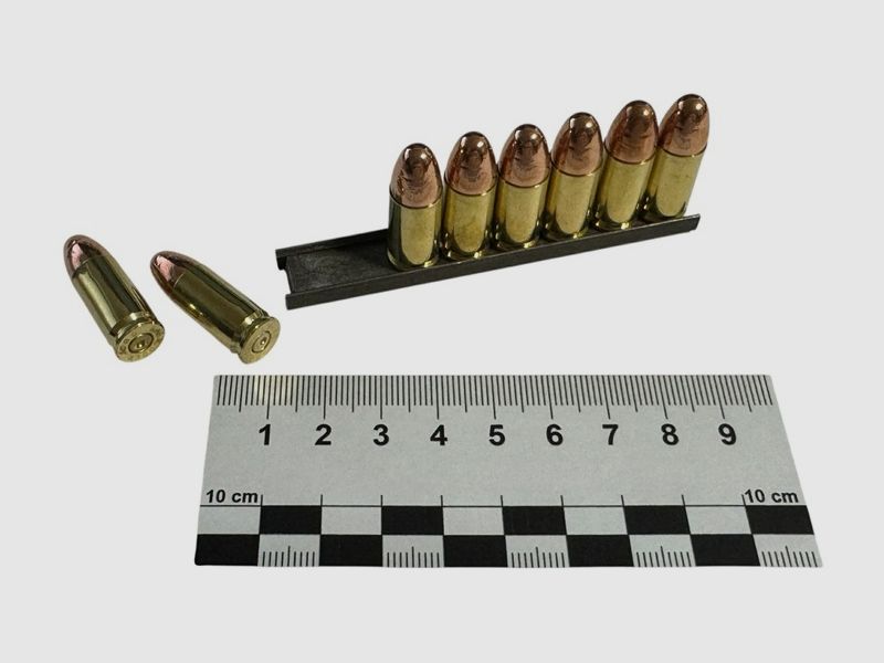 8 pieces of decommissioned 9x19 / 9mm Para VM on loading strips
