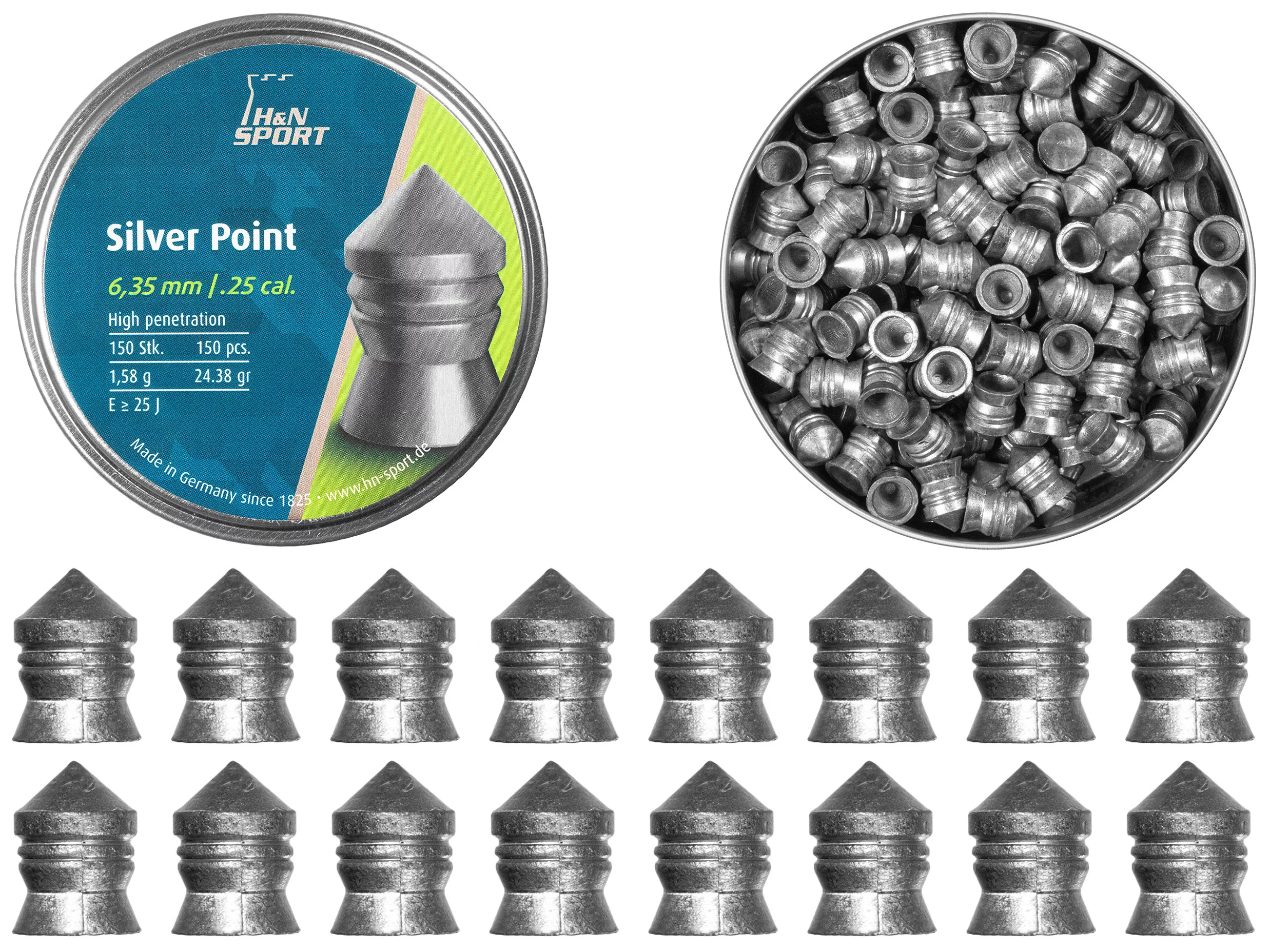 Pallini Diabolo 6,35 mm H&N Silver Point 150 pezzi appuntiti (92346350001), immagine 4 di 10