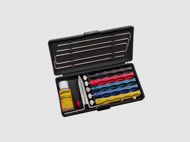 Lansky slijpset, met 5 slijpstenen, zeer grof tot zeer fijn, met klem, geleidestaven, slijpolie, transportdoos