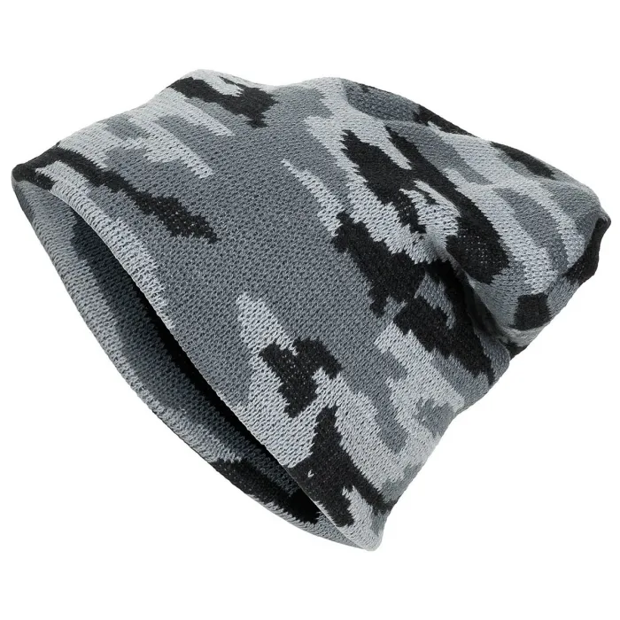 Gebreide muts, "Beanie", camouflage (Zwart-Wit-Grijs), fijn gebreid