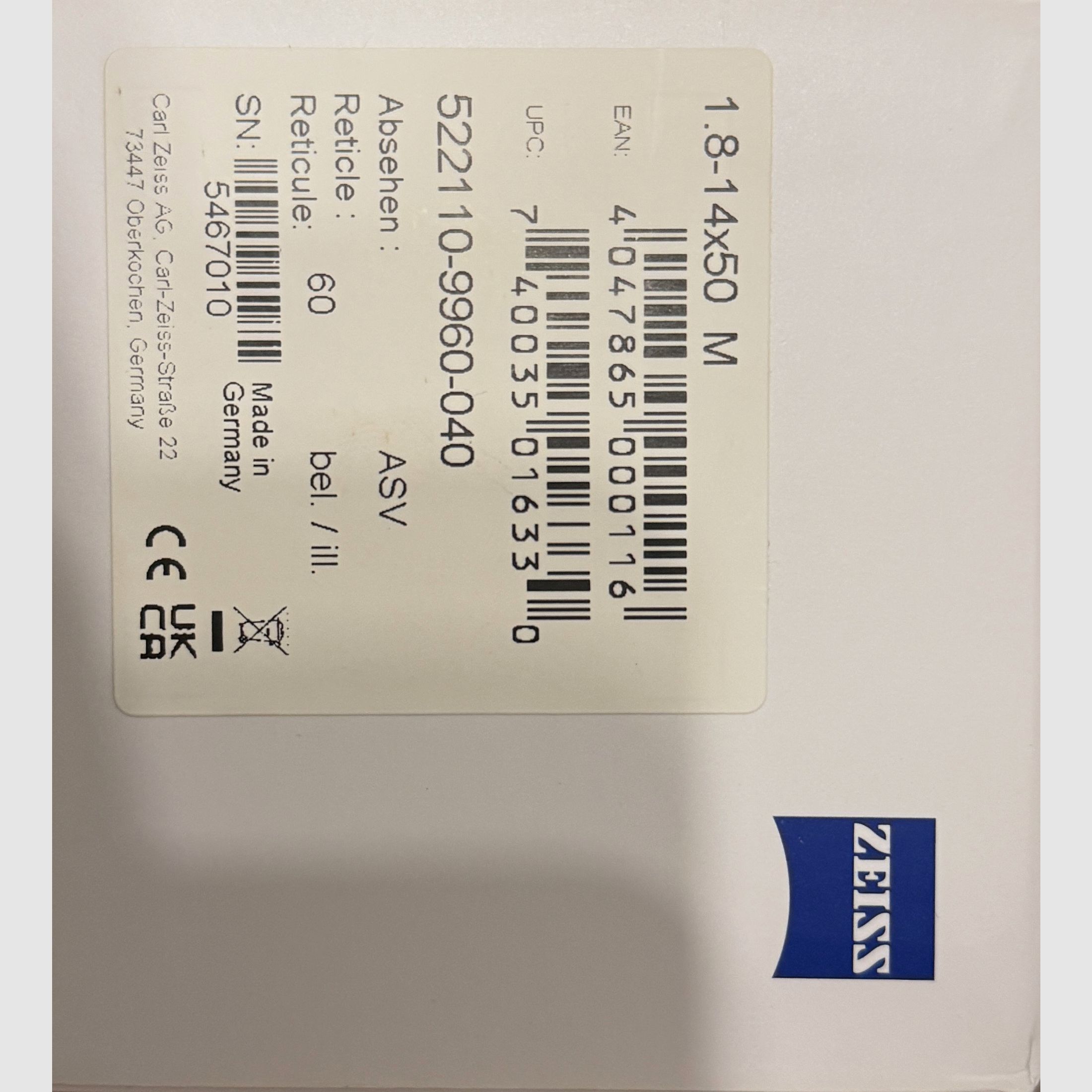 Zielfernrohr Zeiss V8 1,8-14x50 Schiene ASV Flip Cover neuwertig