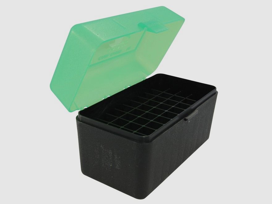 Boîte à cartouches MTM RL-50-16T verte/noire avec couvercle rabattable pour 50 cartouches .270 et autres.