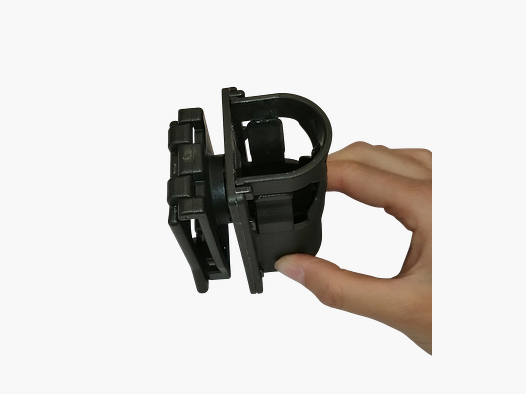 Universal injection polymer battery holder with openable and rotatable loop