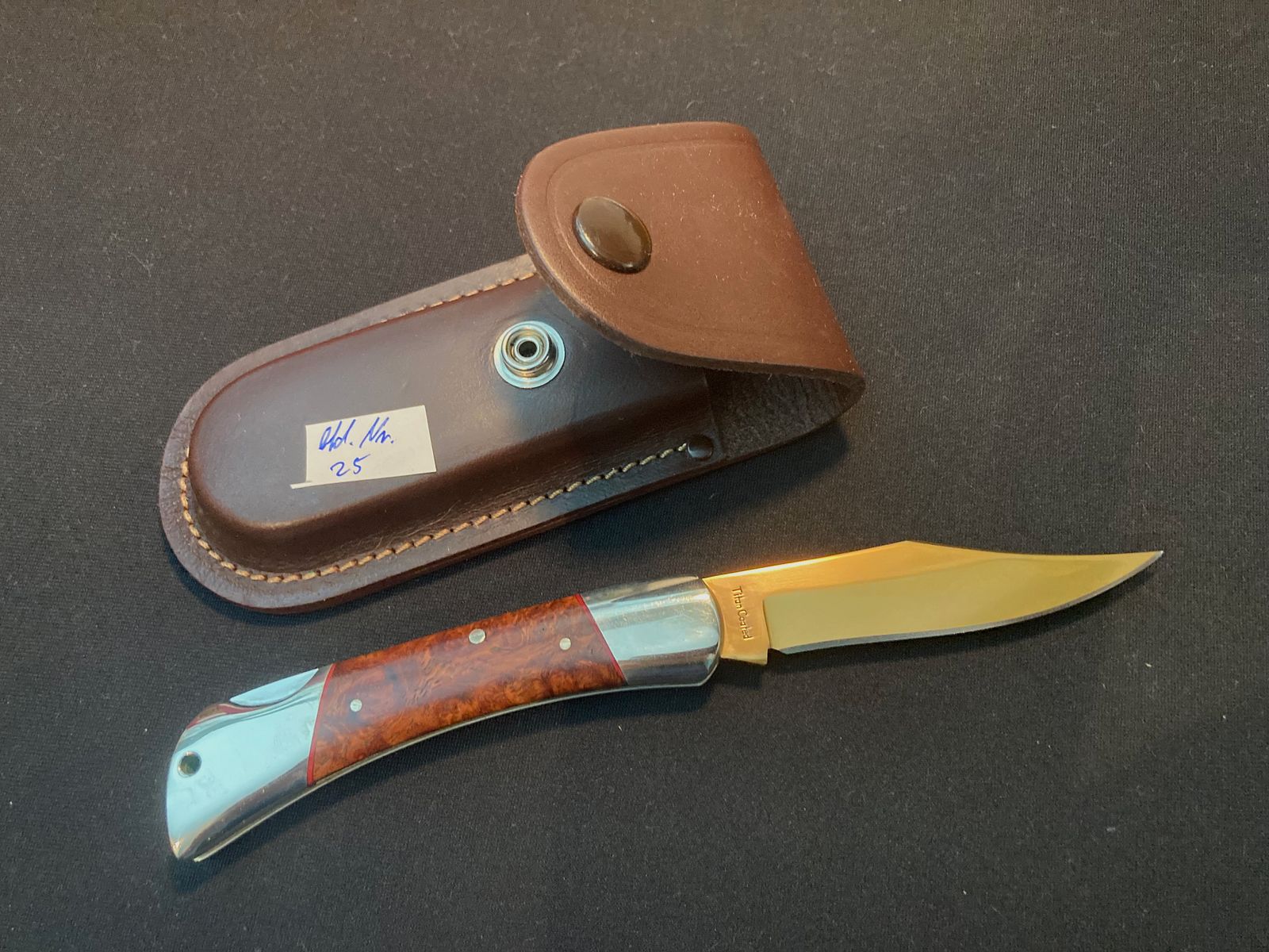 Klappmesser, Taschenmesser, Stainless 440, Titan coated, Leder Gürsteltasche braun