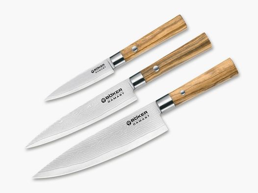 BÖKER Manufaktur Solingen 3 Kochmesser Damast Olive Messer-Set