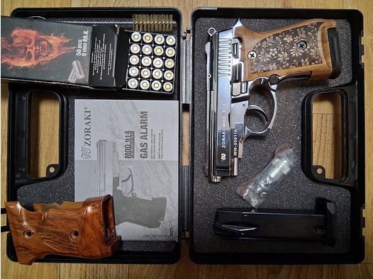 Zoraki 914 chrome (PTB-972), with wooden grips, spare magazine (like new)