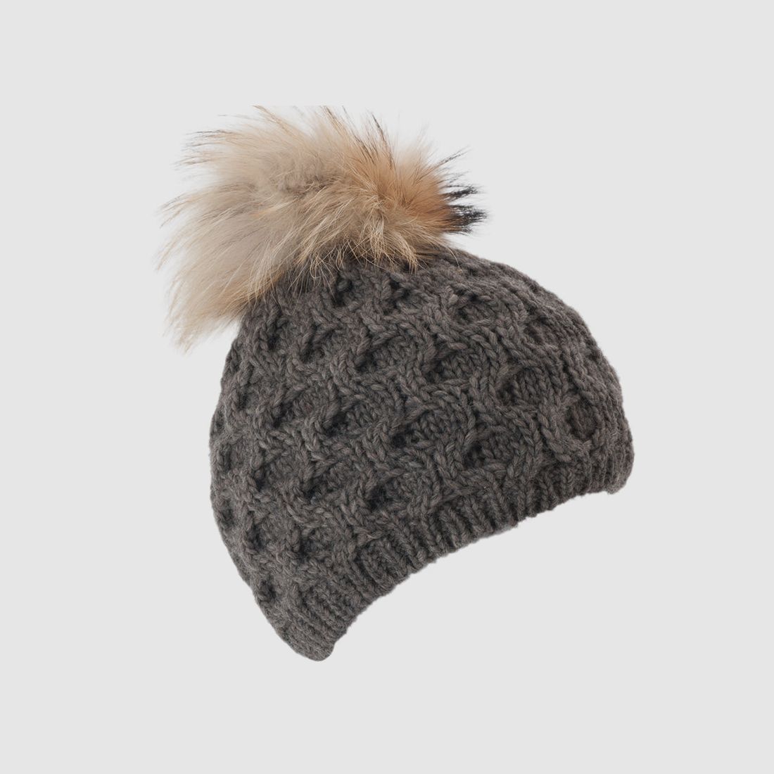Cappello lavorato a maglia con pompon in pelliccia vera e motivo a nido d'ape