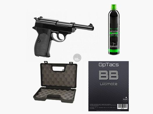 SET !!! Airsoft - Pistool - WE - P38 Full Metal GBB zwart - vanaf 18, meer dan 0,5 Joule