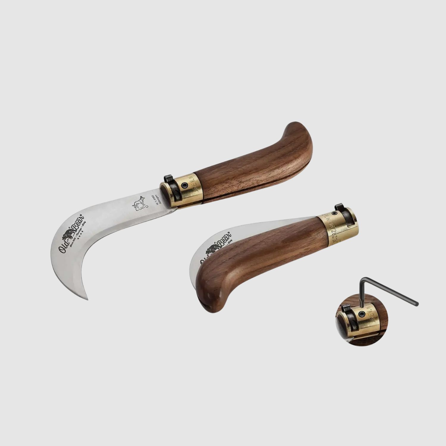 Old Bear Bill Hook Cuchillo de bolsillo de nogal