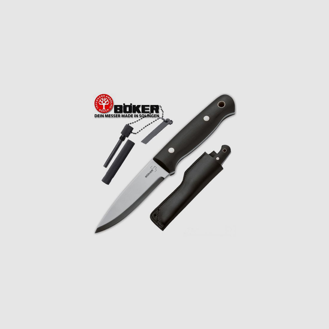 BÖKER PLUS BUSHCRAFT 440C, Lederscheide, Feuerstarter