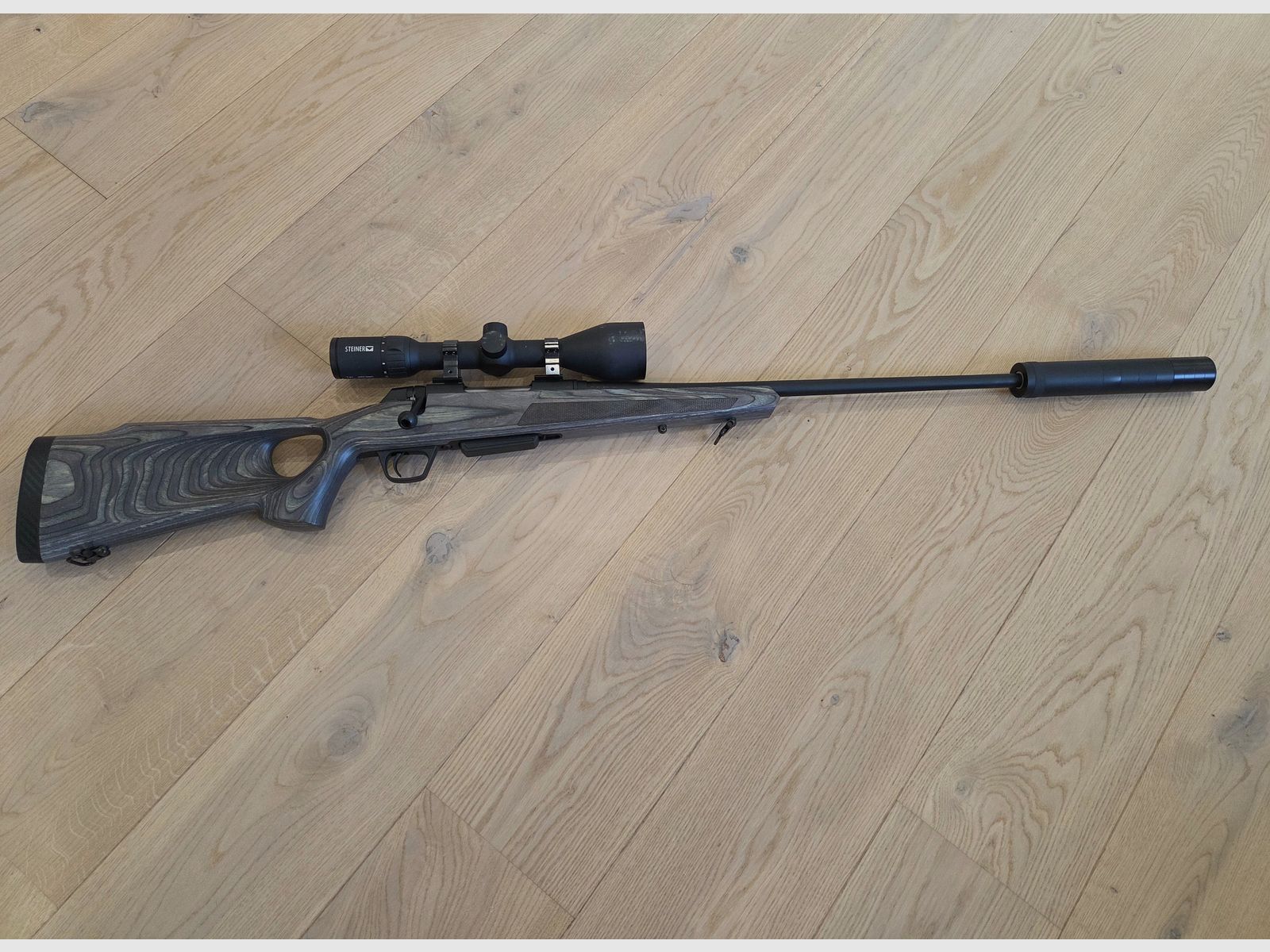 Winchester XPR repeating rifle in .308 with Steiner Ranger scope and silencer
