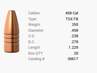 Proiettile Barnes .458/.458 350GR TSX HP FB 20 pezzi