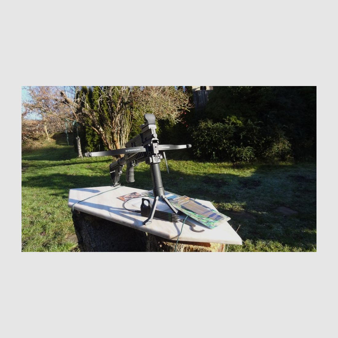 Armbrust Steambow AR6 Pfeile Kriegspfeile Red Dot Visier Stativ