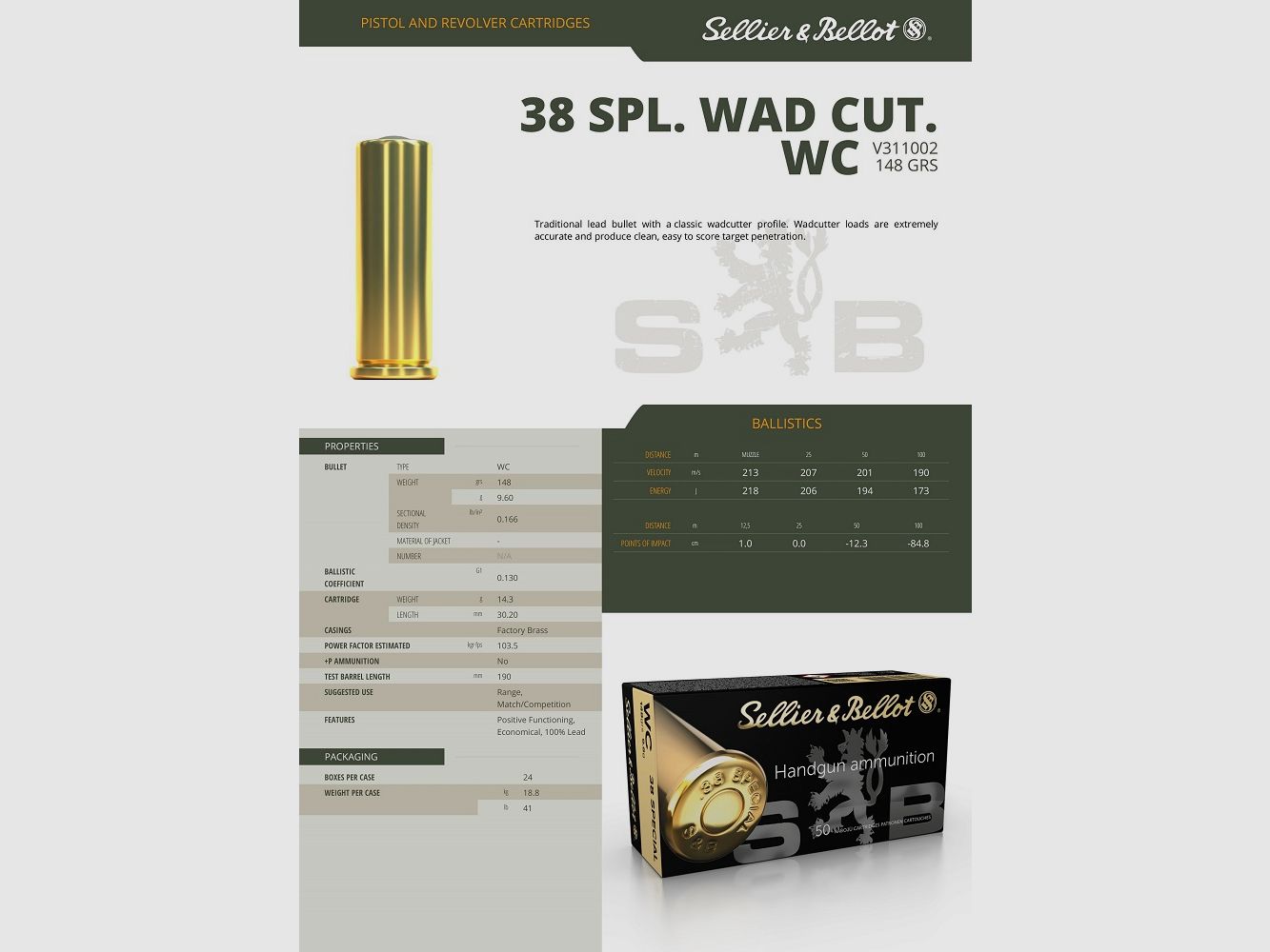 Sellier & Bellot Munition Kal. 38 Wad Cutter 148 grs, 500 Stück, Bild 1 von 3