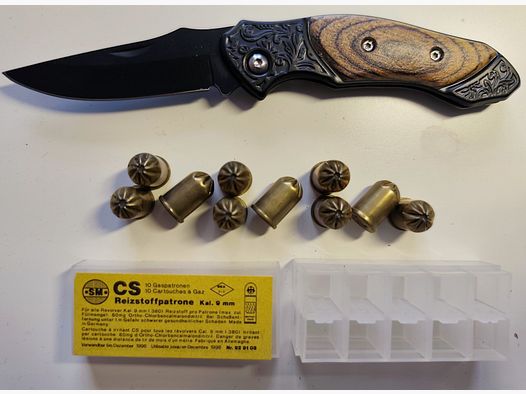 Cartuchos de gas CS 9mm revólver fabricante SM Rhöner + pequeño cuchillo de bolsillo