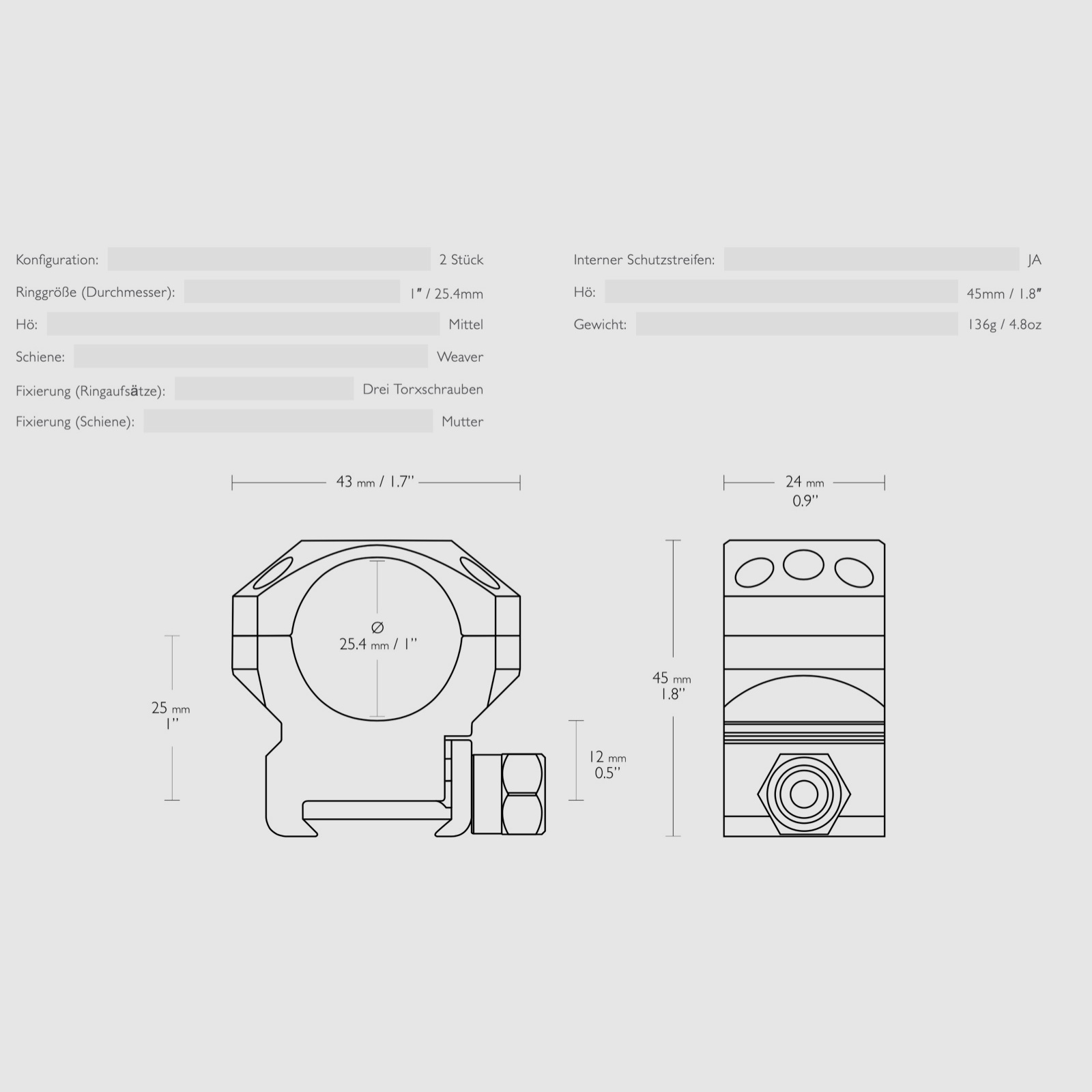 HAWKE 24111 taktyczny montaż pierścieniowy do celownika Weaver 25,4mm środkowy 2 sztuki