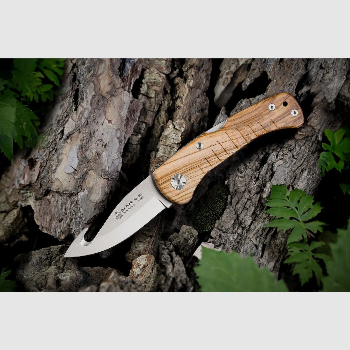Couteau de poche de chasse PUMA IP avec bon crochet, bois d'olivier