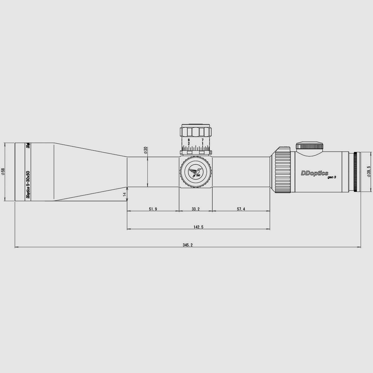 DDoptics riflescope | Nighteagle V6 5-30x50 | Gen3 | Tactical | MOA | Duplex