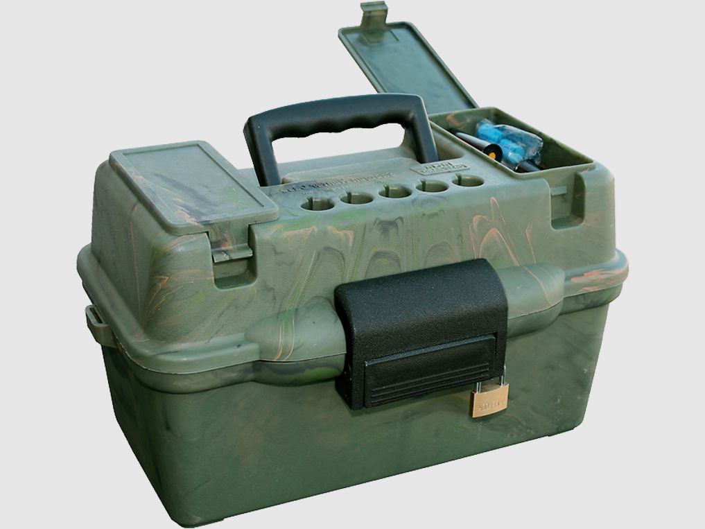 MTM Deluxe Shotgun Shell Box SF-100D-09 camo with carrying handle for 100 shotgun shells .12 / .20