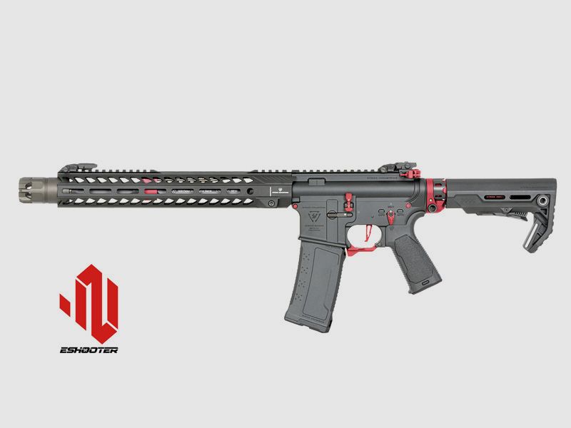 Strike Industries 13.5" Raiders Competition S-AEG Rifle mit Eshooter ETU, rote Elemente