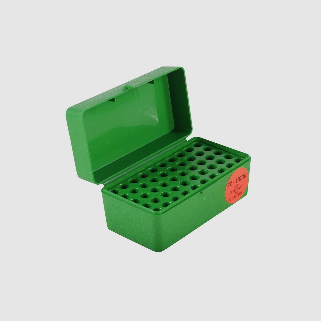 MTM scatola per cartucce 22-HORN-10 verde con coperchio a ribalta per 50 cartucce .22 Hornet e altre.