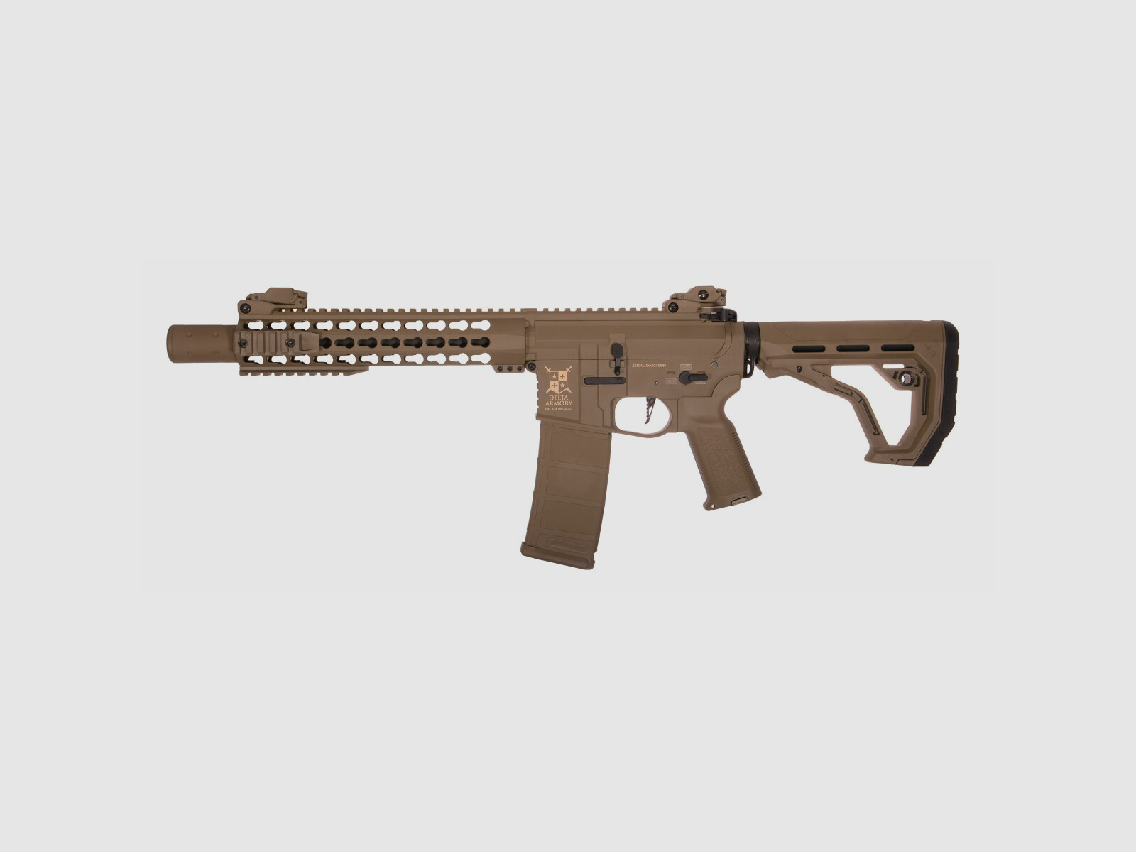 AR15 KeyMod 10 pulgadas PREDATOR CHARLIE EAGLE ETU Tan S-AEG Rifle Airsoft Libre a partir de 18 años | Delta Armory