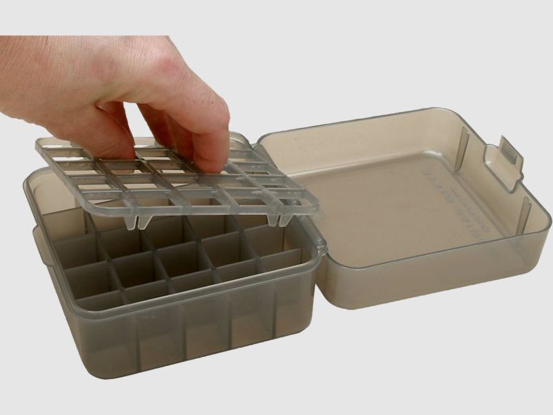 MTM Scatola per cartucce a pallini S25D-41 trasparente con coperchio a ribalta per 25 cartucce a pallini .12 / .20
