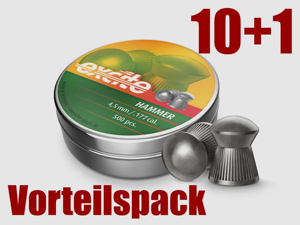 10+1 GRATIS x 500 StĂĽck H&N Excite Hammer Diabolo, Rundkopf, geriffelt, 0,51 g, 7.87 gr, Kaliber 4,5 mm