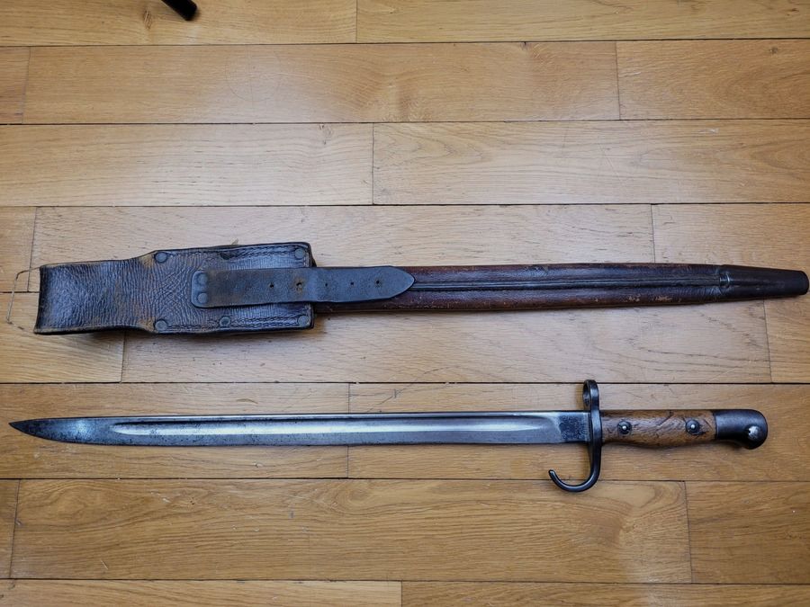 Bajonetta britannica 1907 molto rara con quillon – fodero 2° tipo – Rifle Brigade – fodero da trasporto – TBE, immagine 8 di 16