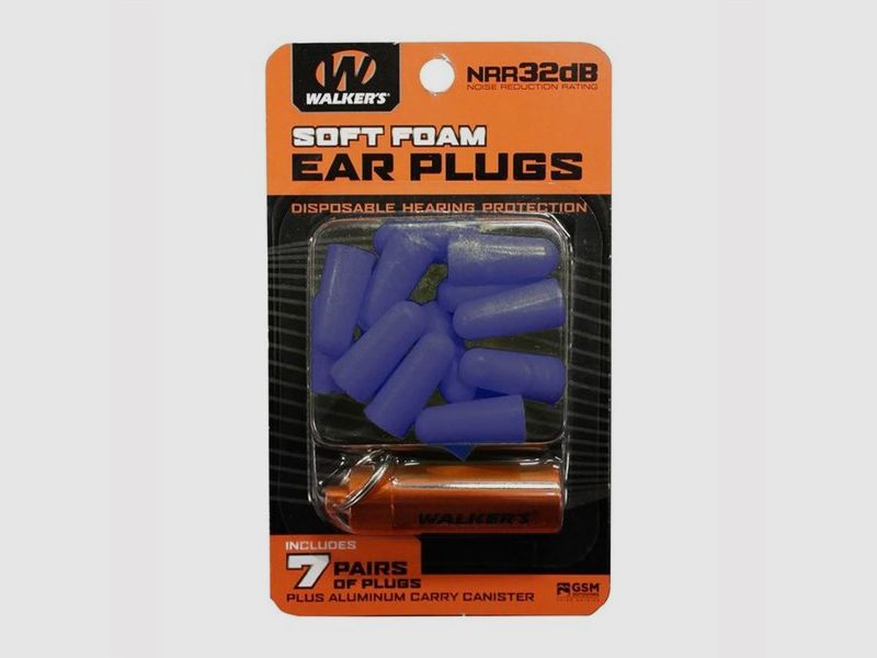 WALKERS GAME EAR FOAM EAR PLUGS BLUE W/ ORANGE CARRY CANNISTER 7-PK