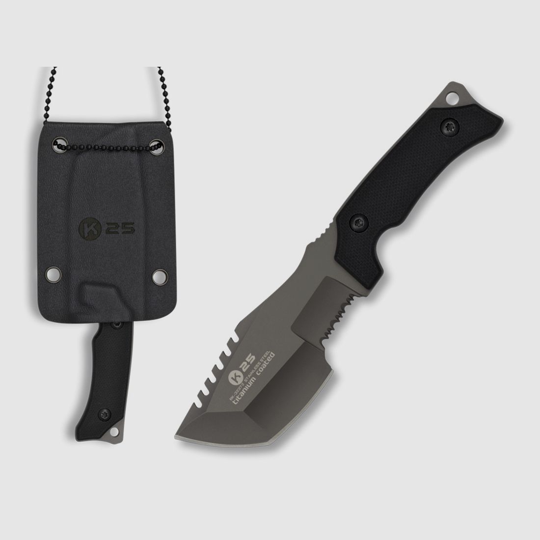 K25 Neckknife Titan coated with Kydex sheath Mini Tracker