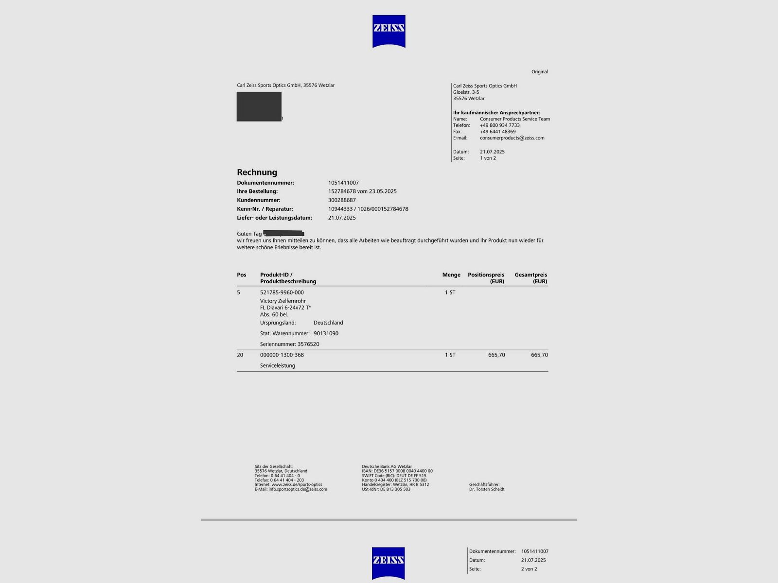 ZEISS VICTORY FL DIAVARI 6-24X72T FL Newly refurbished