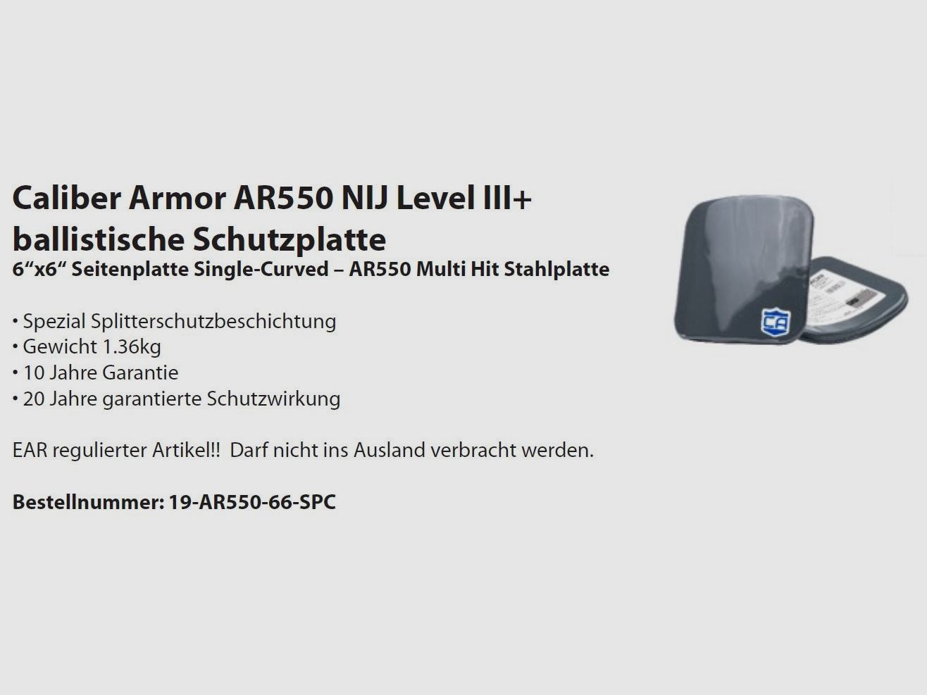 Ballistische Beschermplaat Caliber Armor AR550 NIJ Niveau III+, 6"x6", afbeelding 1 van 2