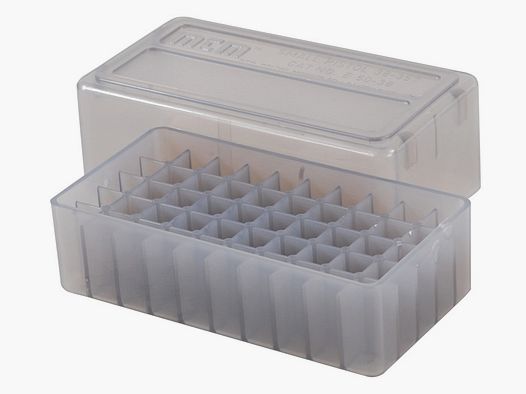 MTM cartridge box E50-38-41 smoke clear with lid for 50 cartridges .38 Spec. and others.