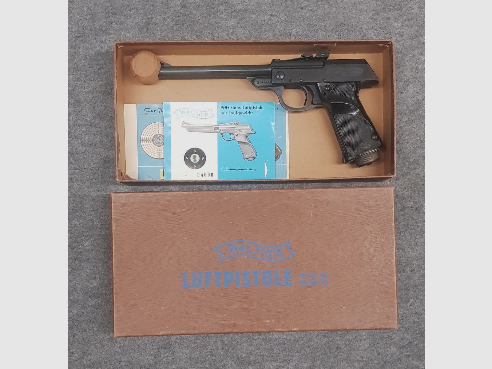 Luftpistole Walther Mod. LP 53 im OVP Karton, Beschreibung u. Flyer aus den 60iger James Bond 007 