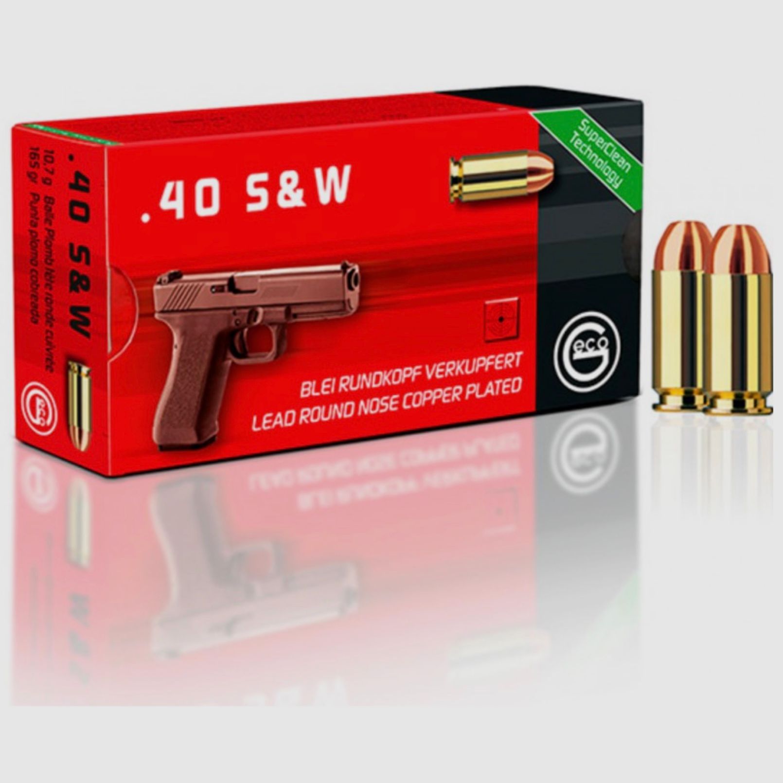 Geco .40 S&W plomb tête ronde cuivrée 10,7g 165grs. Munition de pistolet