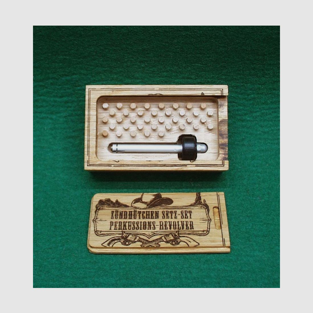 Zündhütchen Setz-Set für Perkussions-Revolver, Alu, aus Holz