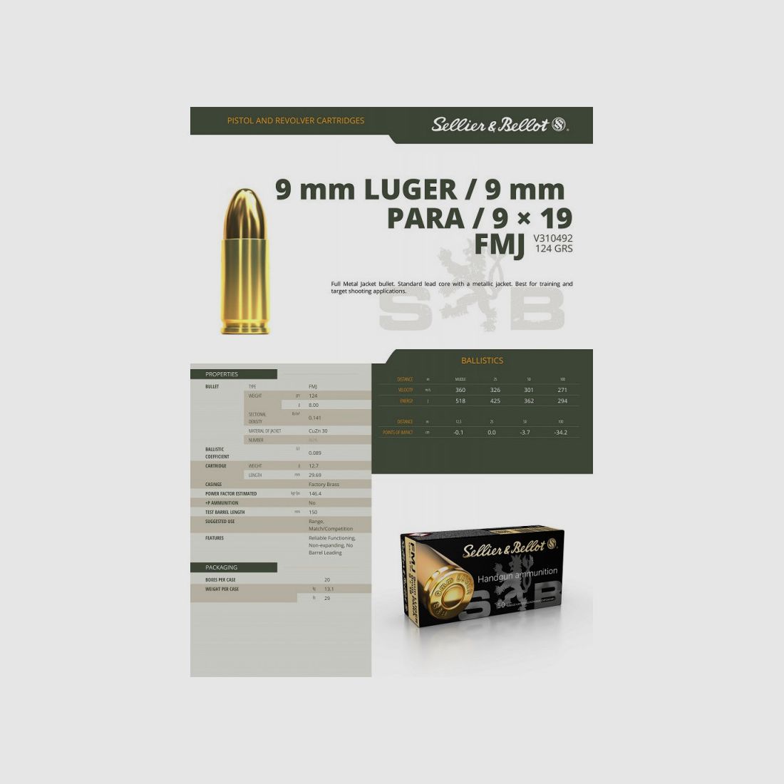 Munitions Sellier & Bellot FMJ calibre 9x19 mm 124grs boîte de 50, image 4 sur 5