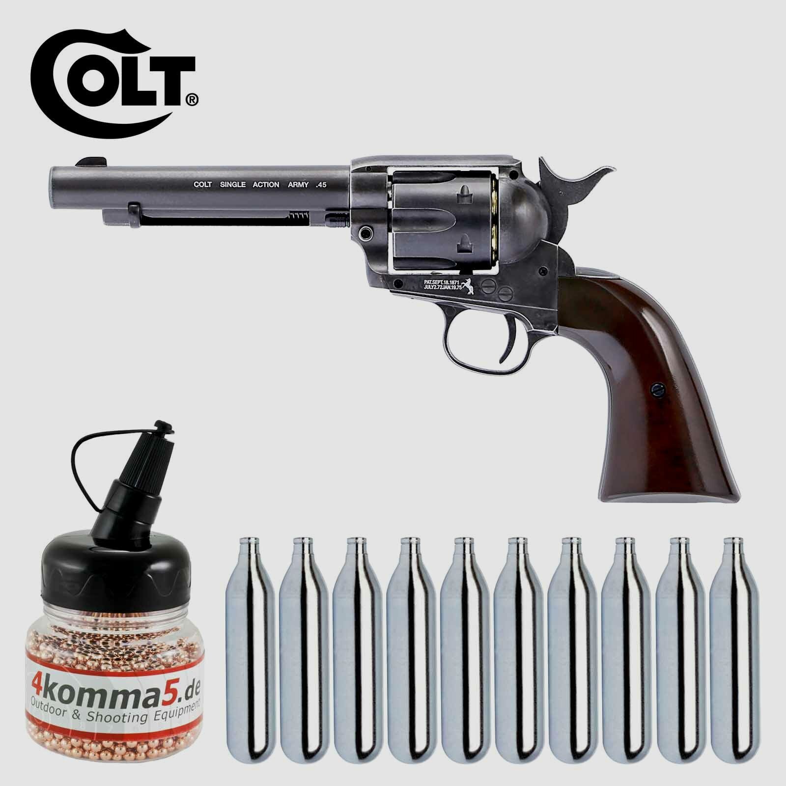 Komplettset Colt Single Action Army® 45 antik Co2-Revolver Kaliber 4,5 mm BB (P18) + 10 Co2-Kapseln + 1500 Stahl-BB's 4komma5