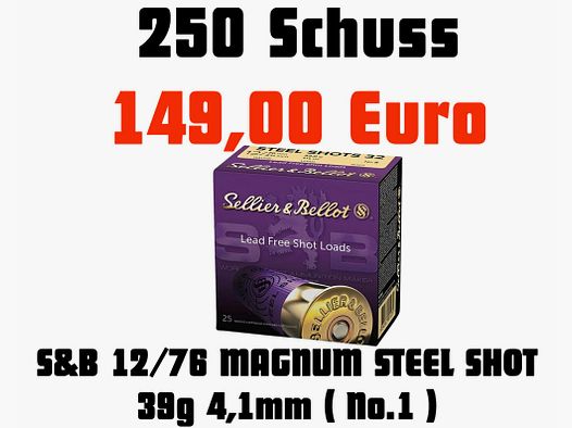 Sellier&Bellot MAGNUM STAAL SCHOT 4,1mm 39g 250 Schoten, Loodvrij Staal