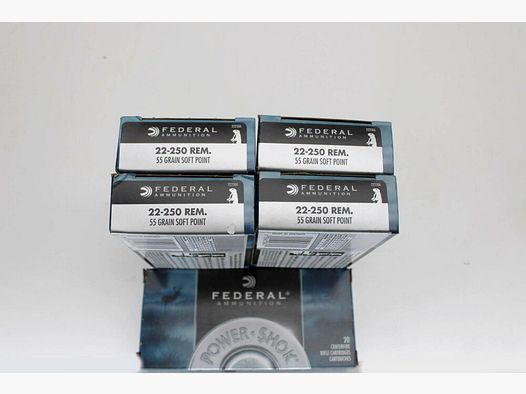 100 Schuß Federal .22-250 Rem mit 55gr. Soft Point SP 5x20er Pack