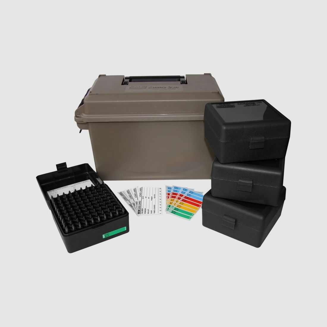 MTM scatola per munizioni ACC223 dark earth per 400 cartucce inclusi 4 scatole per cartucce RS-100 per .223 Rem. e altri.