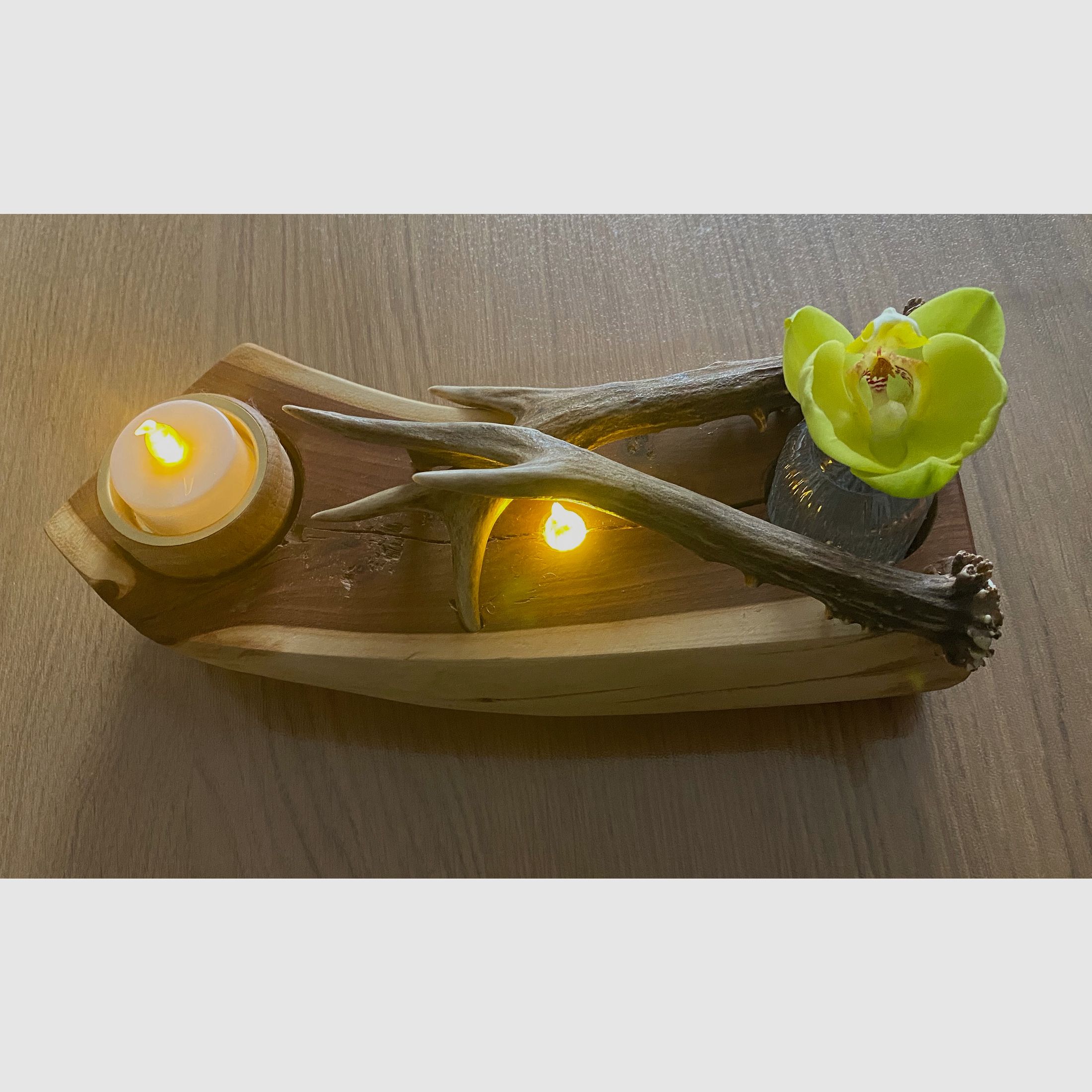 Tischdeko Deko Beleuchtung Vase Geweihstangen Holz