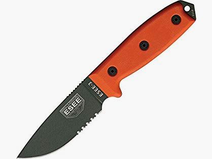 Esee Modell 3, teilweise Sägeklinge, natogrüne Karbonklinge, oranger G-10 Griff