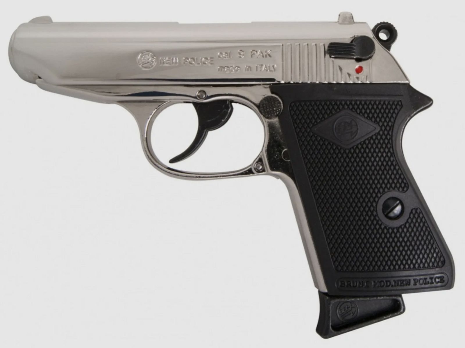 BRUNI New Police 9mm P.A.K. Chrome Nickel Schreckschusspistole Walter PPK Nachbau