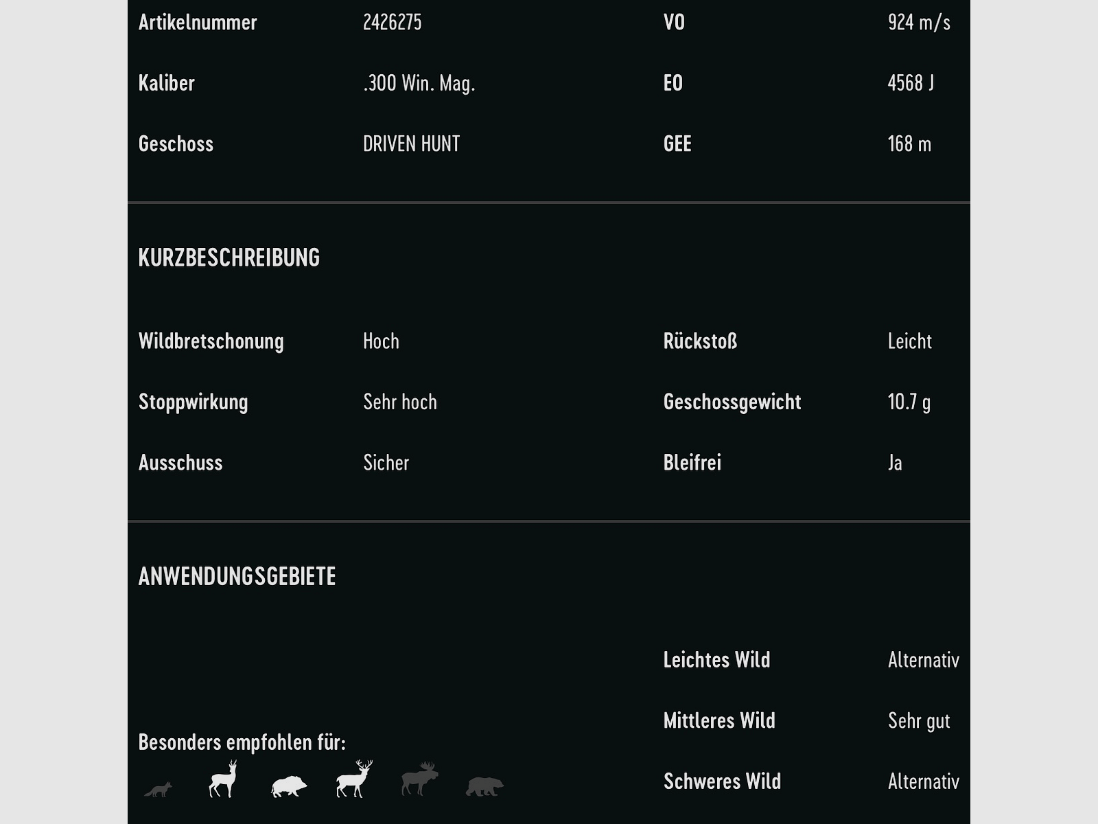 RWS 2426275 .300 Win. Mag. Driven Hunt 10,7g 165grs. Bleifrei Langwaffenmunition