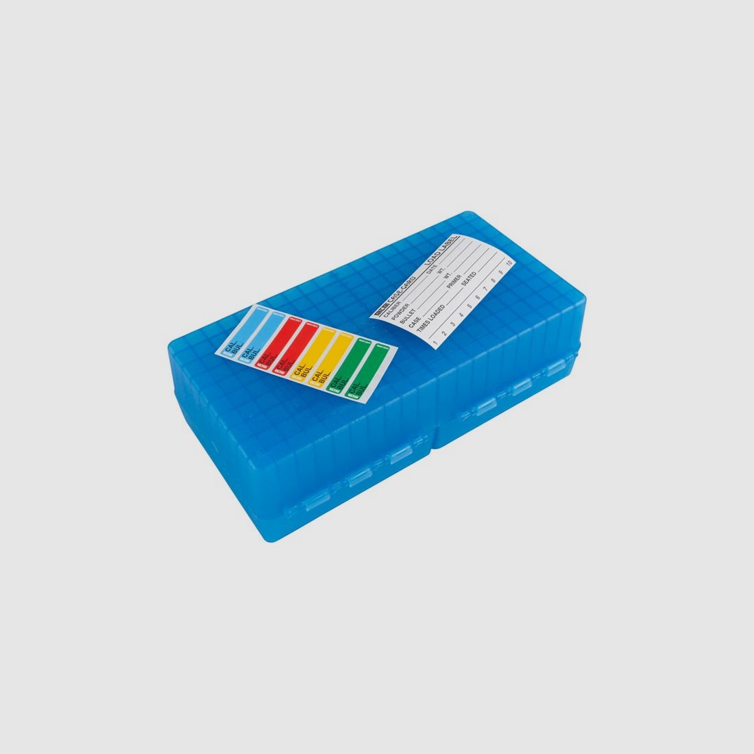 MTM scatola per cartucce RS-200-24 blu trasparente con coperchio a ribalta per 200 cartucce .223 e altre.
