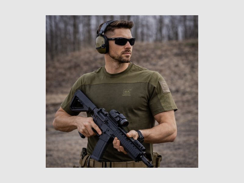 GLOCK Tactical T-Shirt Oliv – Ripstop-Schultern, Stretch-Torso – Soft-Velcro-Badge – Größe 3XL