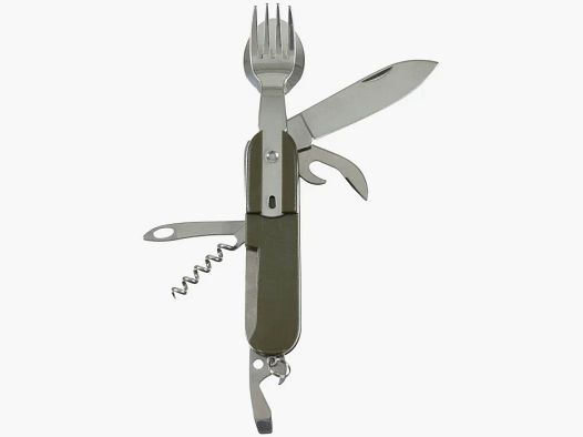 Taschenmesser mit Gabel, Löffel + weiteres Zubehör - Oliv
