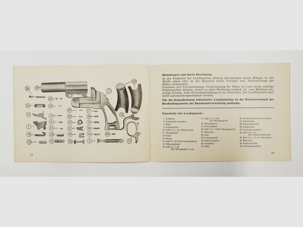 Instrucciones de uso de la pistola de luz Heym, tipo 3 de la fábrica de armas F. W. Heym - Münnerstadt, de 1959